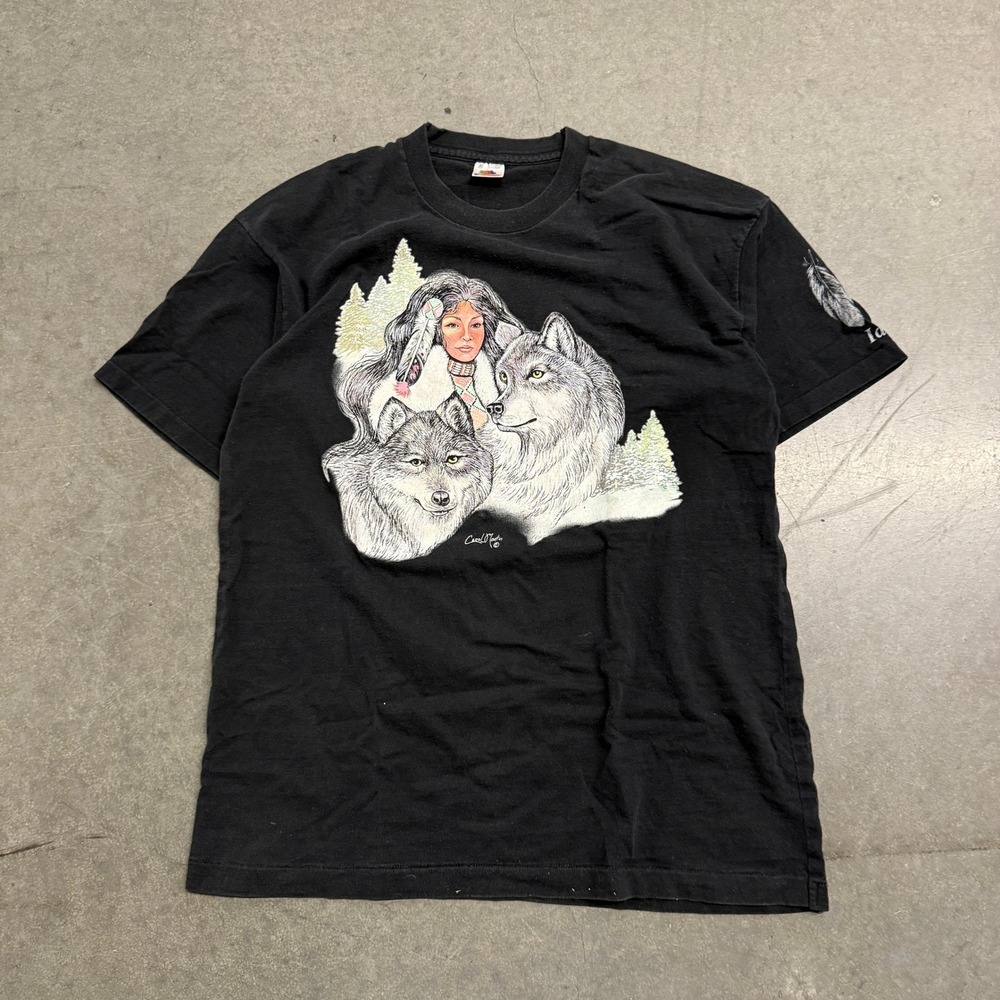 Vintage Fruit of the Loom Wolf Native American T-Shirt XL Black Idaho Modlin